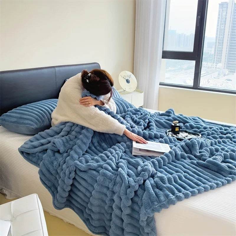 Light luxury Solid Color Multifunctional Rabbit Velvet Blanket Winter Thick Warm Flannel Used For Bedroom Living Room Blanket - Sleep Galleria