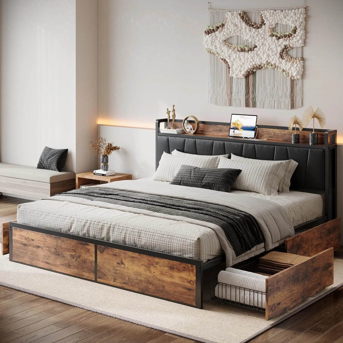 LIKIMIO King/CaliforniaKing Bed Frame with Storage Drawers, Platform Bed with Charged Headboard, No Box Spring Needed - Omega Lifestyles
