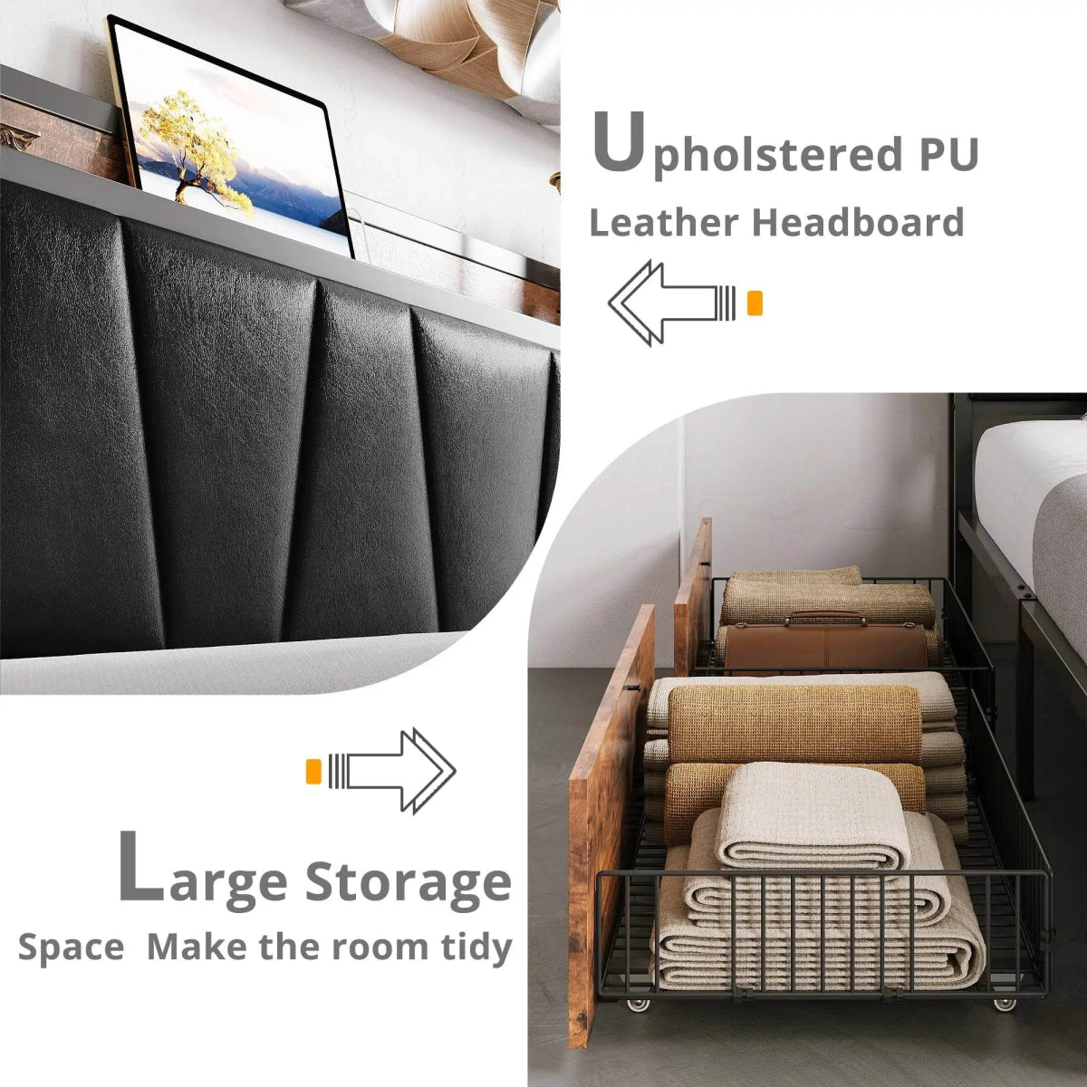 LIKIMIO King/CaliforniaKing Bed Frame with Storage Drawers, Platform Bed with Charged Headboard, No Box Spring Needed - Omega Lifestyles