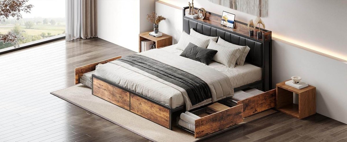 LIKIMIO King/CaliforniaKing Bed Frame with Storage Drawers, Platform Bed with Charged Headboard, No Box Spring Needed - Omega Lifestyles