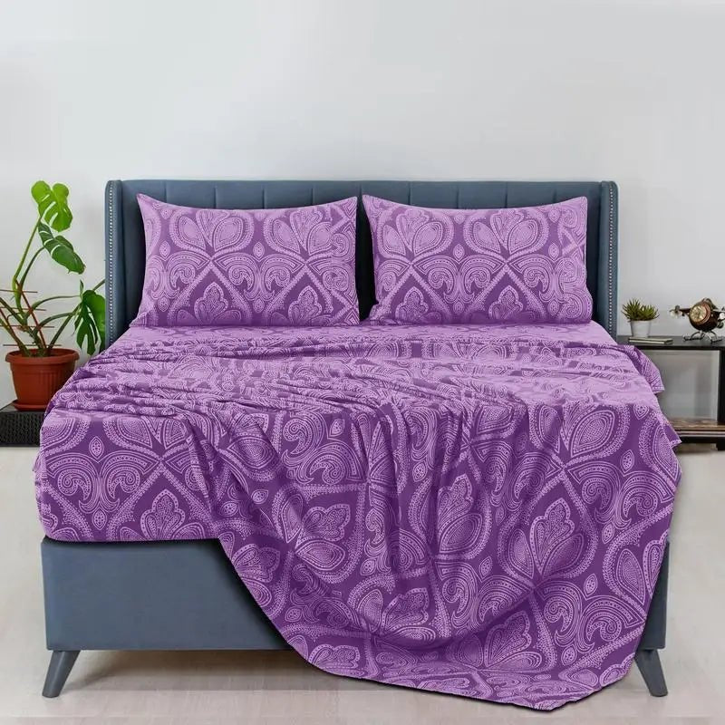 Lux Decor 6Pcs Microfiber Paisley Bed Sheet Set-King Bed Sheet-Hypoallergenic Printed Queen Sheets-16" Deep Pocket Bedding Set - Omega Lifestyles