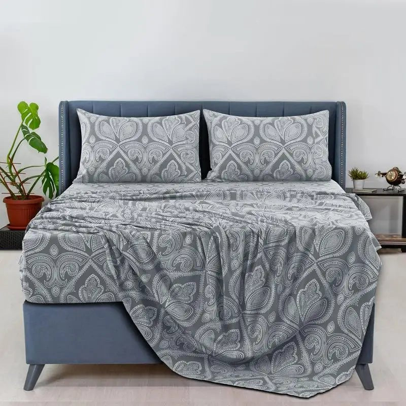 Lux Decor 6Pcs Microfiber Paisley Bed Sheet Set-King Bed Sheet-Hypoallergenic Printed Queen Sheets-16" Deep Pocket Bedding Set - Omega Lifestyles