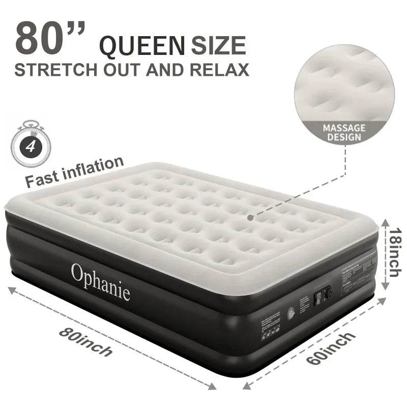 Ophanie Queen Air Mattress, 18-Inch Elevated Inflatable Bed with Built-in Pump, Puncture-Resistant, Quick Inflation/Deflation - Sleep Galleria