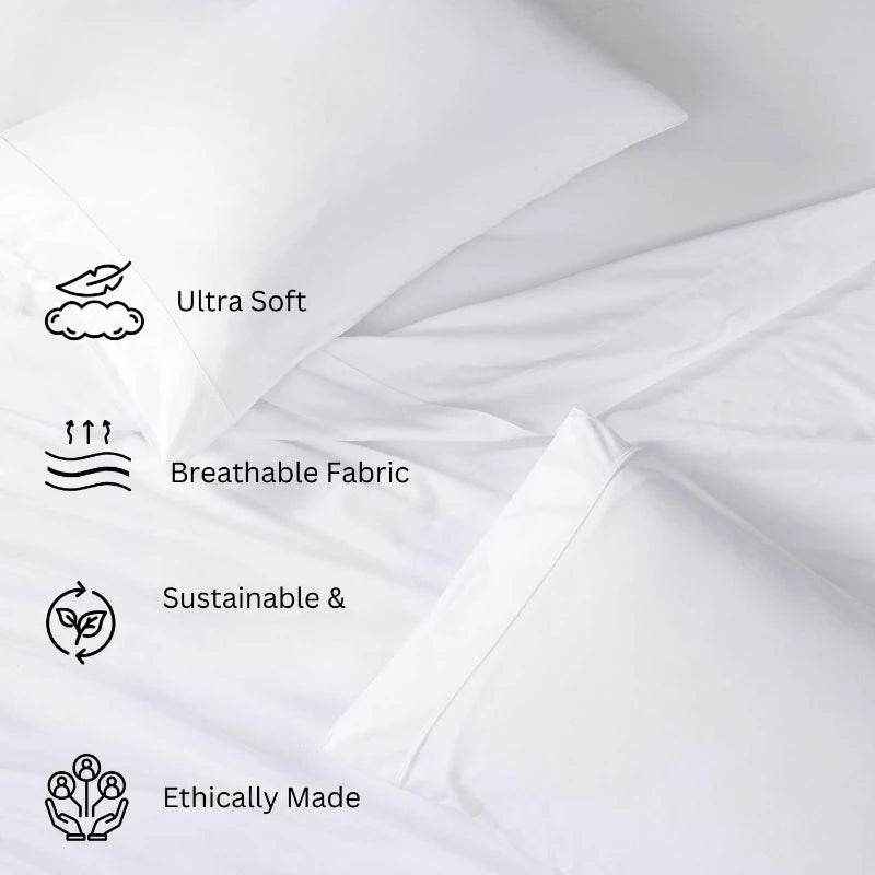 Organic Cotton Queen Sheet Set, 4Pc Cotton Sheets Queen Size Bed Set Soft & Breathable Percale Weave, White - Omega Lifestyles