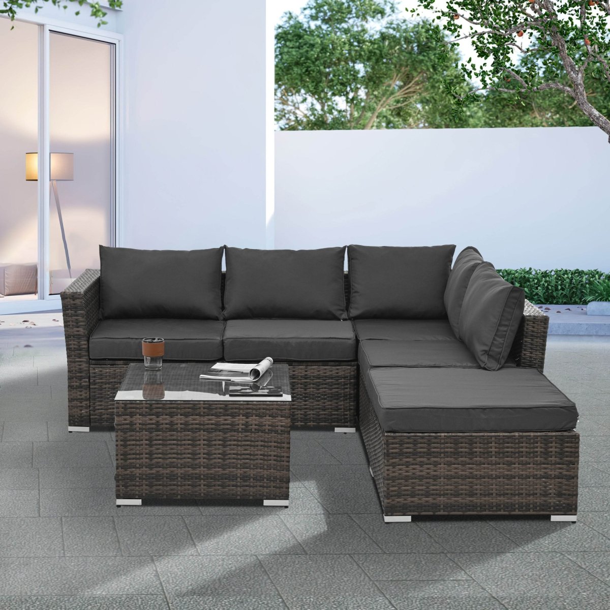 Patio Furniture, Outdoor Furniture, Seasonal PE Wicker Furniture, 4 Set Wicker Furniture With Tempered Glass Coffee Table - Sleep Galleria