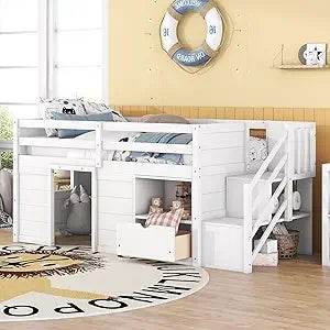 Playful Design Full Size Low Loft Bed with Slide and 3 Storage Drawers, Multiple Functions Wooden Loft Bed Frame with 2 Doors fo - Omega Lifestyles