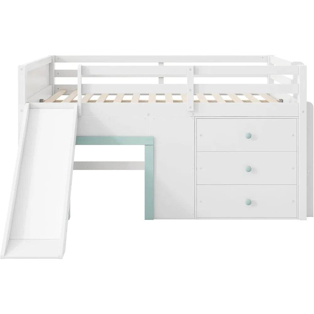 Playful Design Full Size Low Loft Bed with Slide and 3 Storage Drawers, Multiple Functions Wooden Loft Bed Frame with 2 Doors fo - Omega Lifestyles