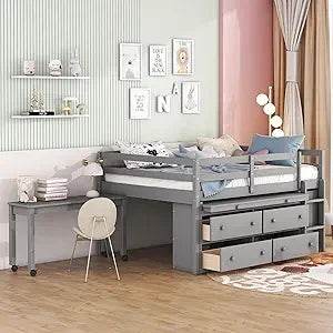 Playful Design Full Size Low Loft Bed with Slide and 3 Storage Drawers, Multiple Functions Wooden Loft Bed Frame with 2 Doors fo - Omega Lifestyles