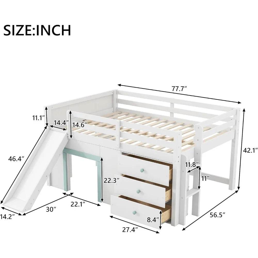 Playful Design Full Size Low Loft Bed with Slide and 3 Storage Drawers, Multiple Functions Wooden Loft Bed Frame with 2 Doors fo - Omega Lifestyles