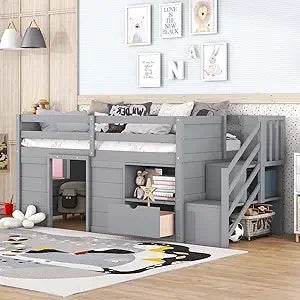 Playful Design Full Size Low Loft Bed with Slide and 3 Storage Drawers, Multiple Functions Wooden Loft Bed Frame with 2 Doors fo - Omega Lifestyles