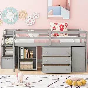 Playful Design Full Size Low Loft Bed with Slide and 3 Storage Drawers, Multiple Functions Wooden Loft Bed Frame with 2 Doors fo - Omega Lifestyles