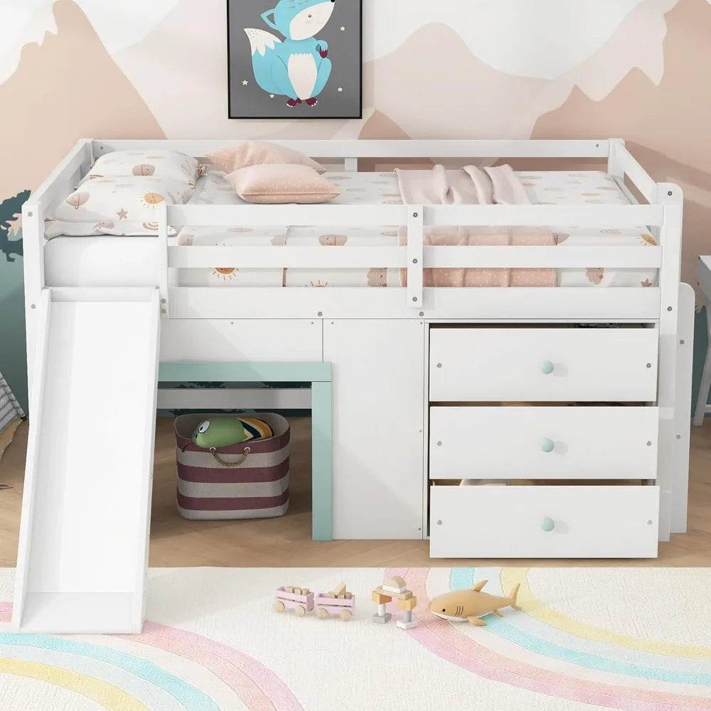 Playful Design Full Size Low Loft Bed with Slide and 3 Storage Drawers, Multiple Functions Wooden Loft Bed Frame with 2 Doors fo - Omega Lifestyles