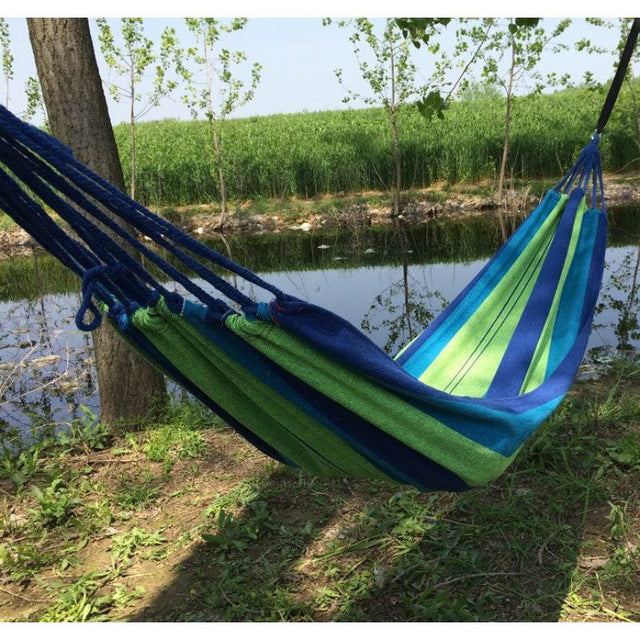 Portable Outdoor Hammock for Garden, Balcony & Backyard - Breathable Anti-Rollover Design, Stable Knots, Blue & Green Striped Fa - Omega Lifestyles