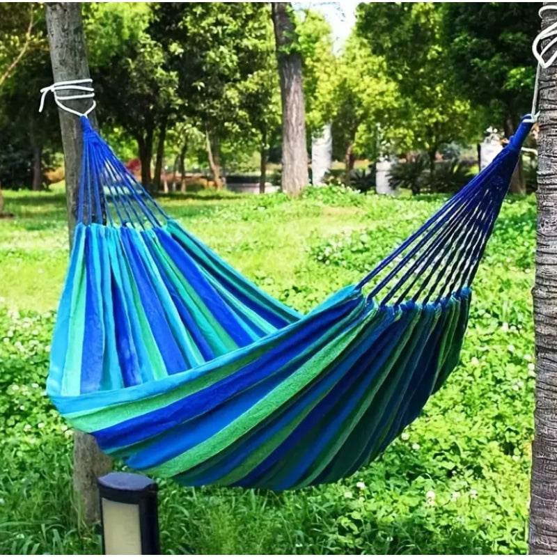 Portable Outdoor Hammock for Garden, Balcony & Backyard - Breathable Anti-Rollover Design, Stable Knots, Blue & Green Striped Fa - Sleep Galleria