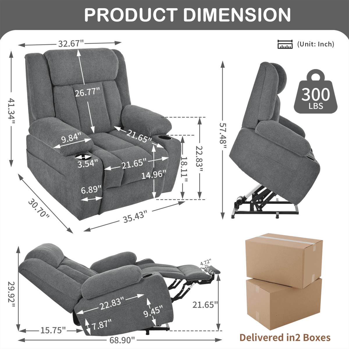 Power Lift Recliner Chair with Extended Footrest - Dark Gray - Sleep Galleria