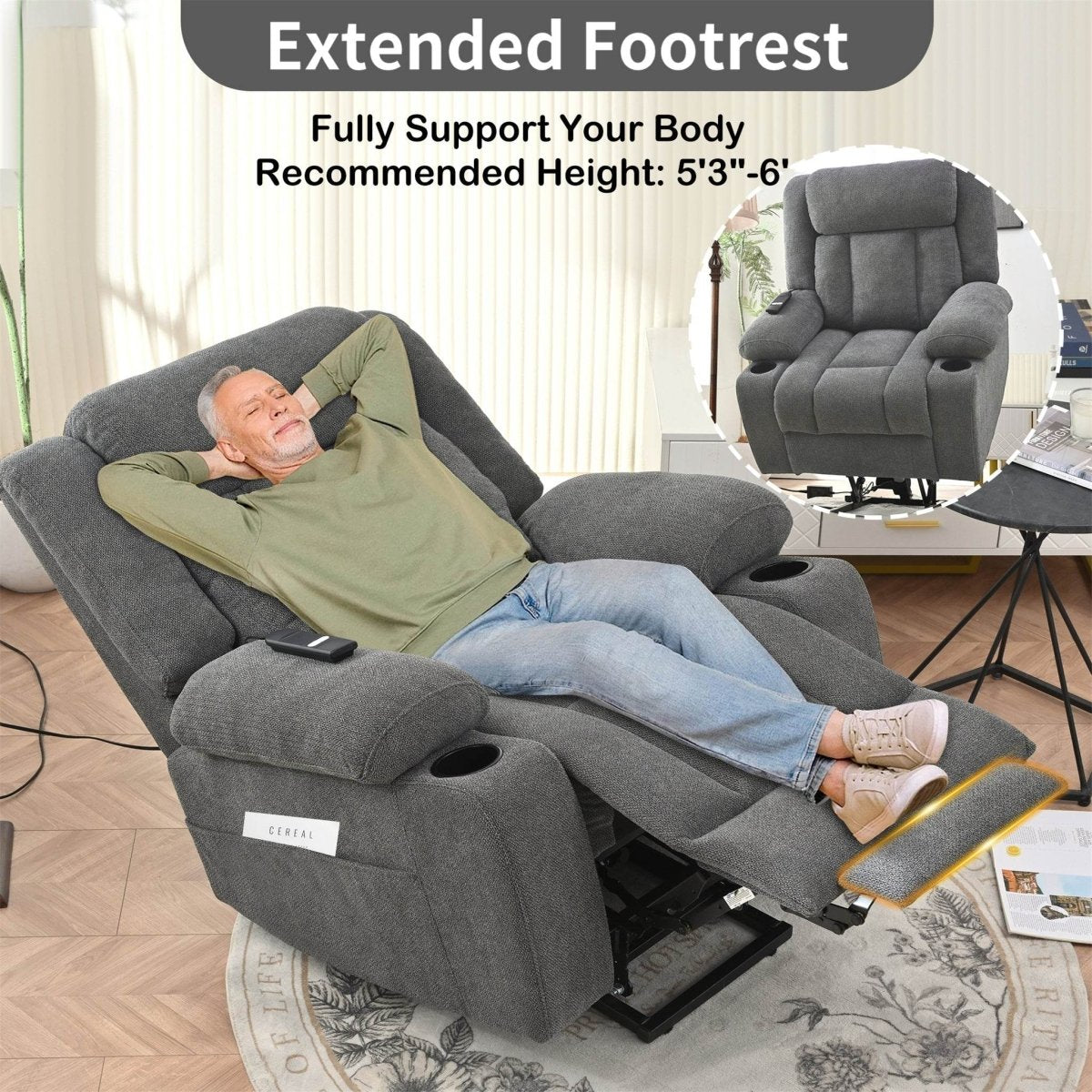 Power Lift Recliner Chair with Extended Footrest - Dark Gray - Sleep Galleria