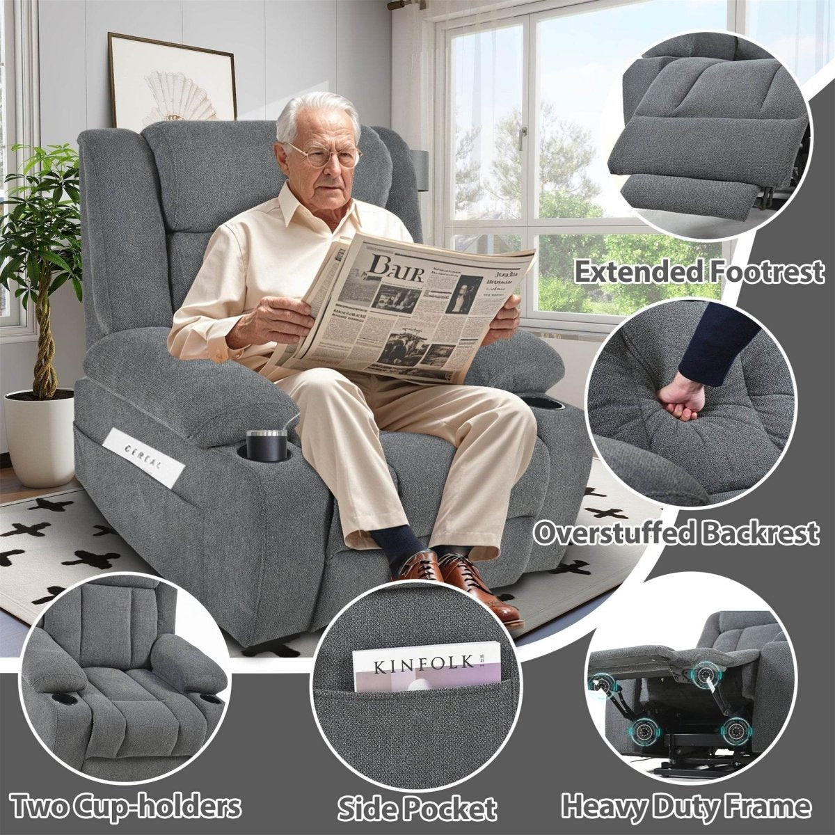 Power Lift Recliner Chair with Extended Footrest - Dark Gray - Sleep Galleria