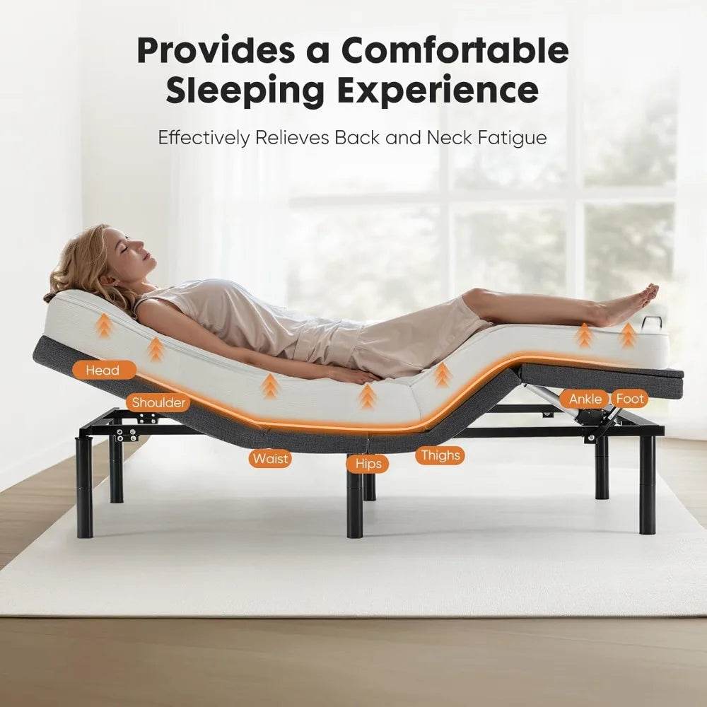 Queen Adjustable Bed Frame, Ergonomic Electric Bed Base with Wireless Remote and 2 USB Ports, Head and Foot Incline - Omega Lifestyles