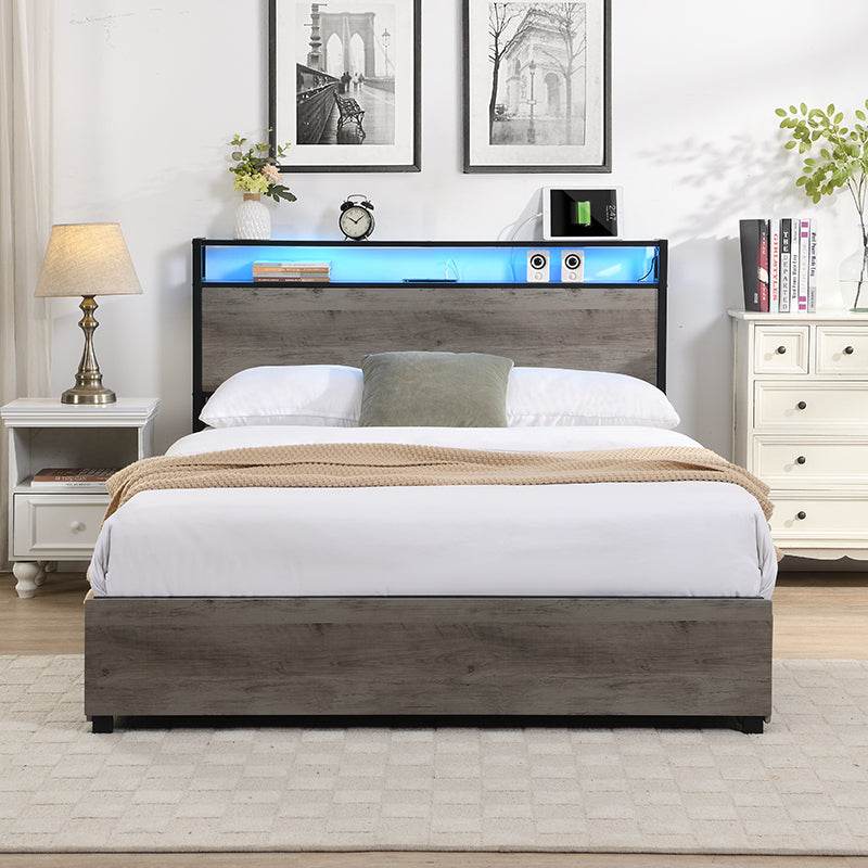 Queen Bed Frame, Storage Headboard with Charging Station, Solid and Stable, Noise Free, No Box Spring Needed, Easy Assembly - Sleep Galleria