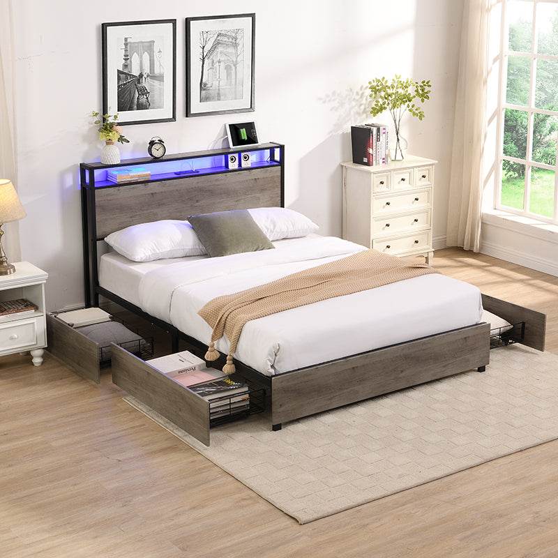 Queen Bed Frame, Storage Headboard with Charging Station, Solid and Stable, Noise Free, No Box Spring Needed, Easy Assembly - Sleep Galleria