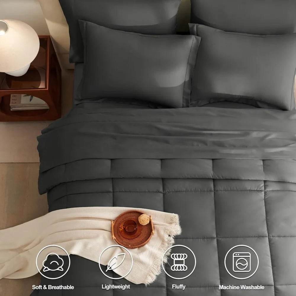 Queen Bed in a Bag 7 Pieces Bed in a Bag Dark Gray Queen Comforter Set Bedding Bed Set for All Season with Comforter, Flat Shee - Omega Lifestyles