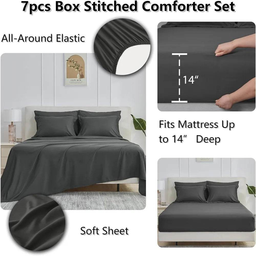 Queen Bed in a Bag 7 Pieces Bed in a Bag Dark Gray Queen Comforter Set Bedding Bed Set for All Season with Comforter, Flat Shee - Omega Lifestyles