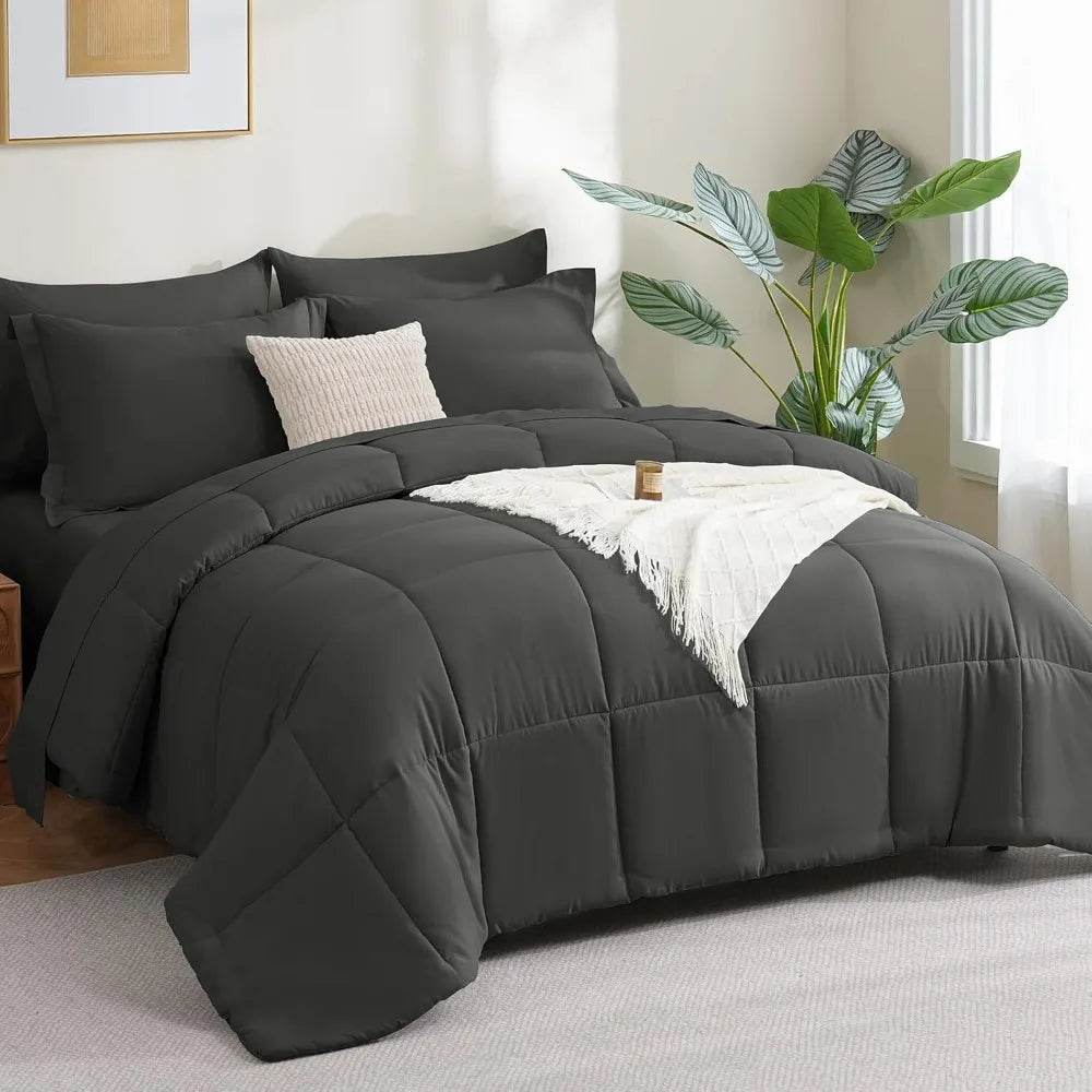 Queen Bed in a Bag 7 Pieces Bed in a Bag Dark Gray Queen Comforter Set Bedding Bed Set for All Season with Comforter, Flat Shee - Omega Lifestyles