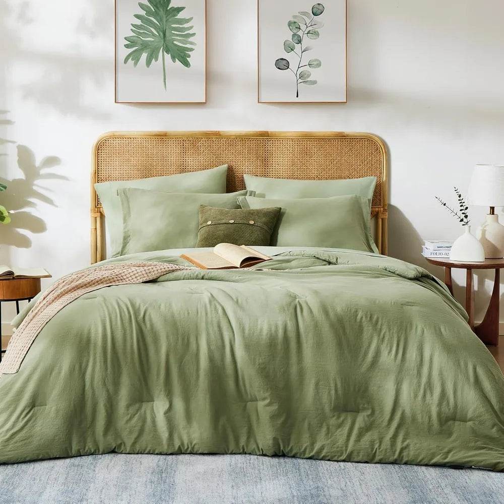 Queen Comforter Set - 7 Pieces Sage Green Soft Bed in a Bag Queen with Fitted Sheet, Flat Sheet, 2 Pillow Shams, and 2 Pillowca - Omega Lifestyles