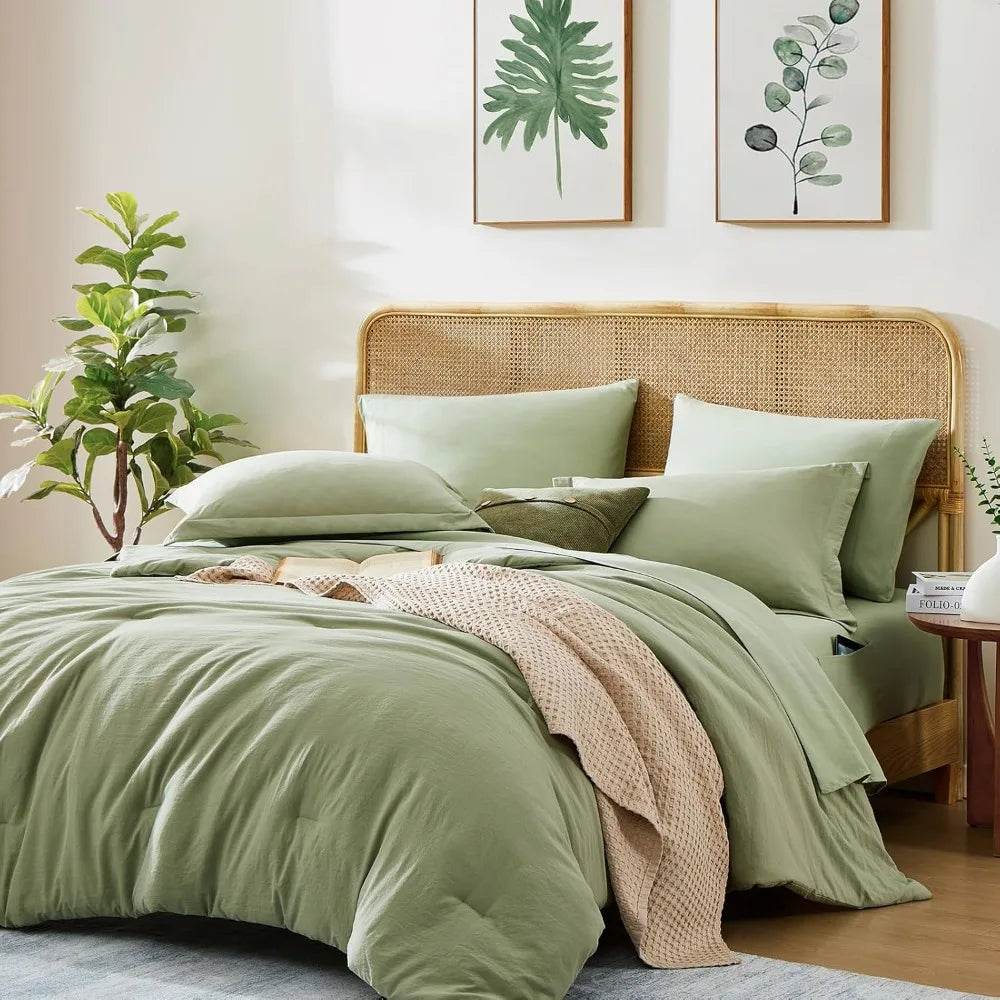Queen Comforter Set - 7 Pieces Sage Green Soft Bed in a Bag Queen with Fitted Sheet, Flat Sheet, 2 Pillow Shams, and 2 Pillowca - Omega Lifestyles