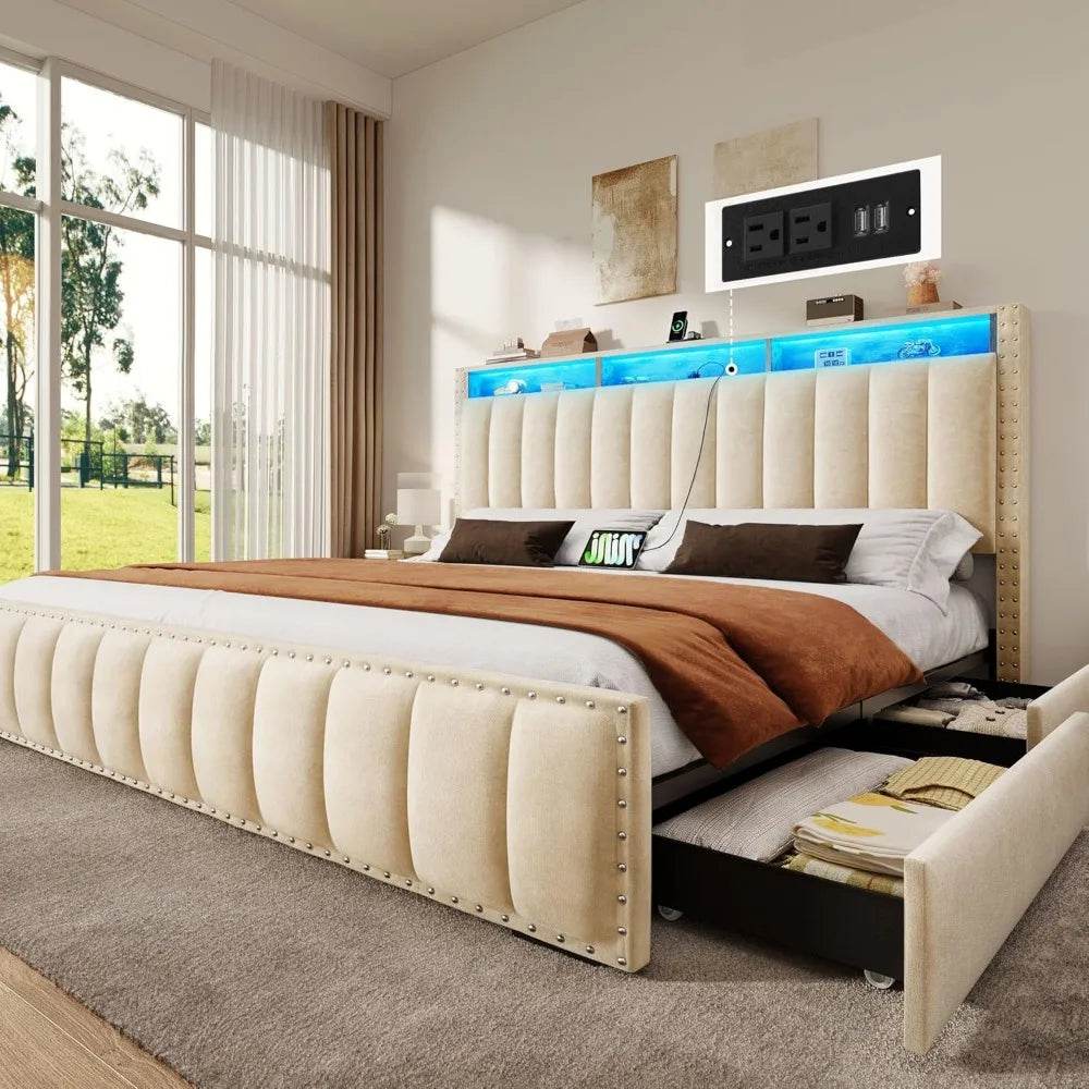 Queen Size Bed Frame with 4Storage Drawers and RGB LED Lights, Velvet Upholstered Platform Bed with Charging Station and Storage - Omega Lifestyles