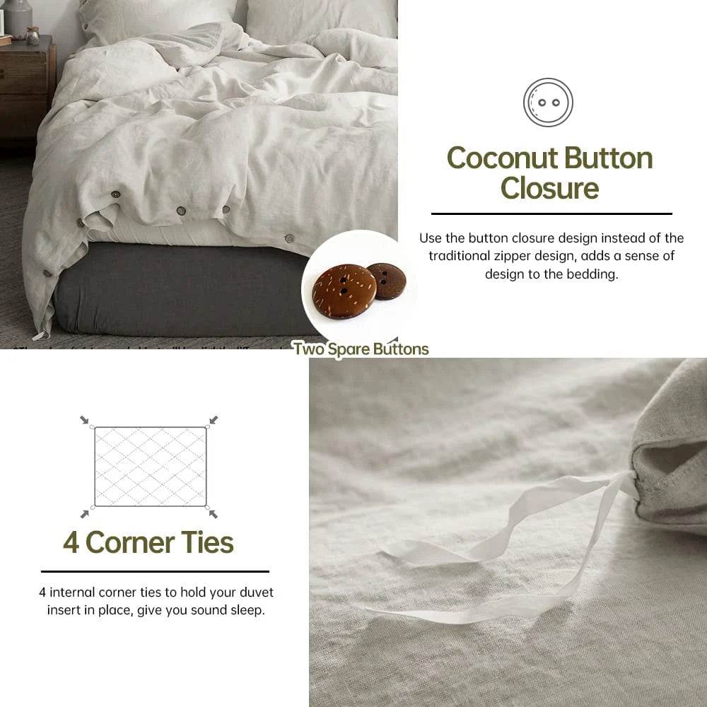 Simple&Opulence 100% Linen 3Pcs Bedding Set Natural Flax Breathable King Size with Coconut Button Comforter Duvet Cover Set - Sleep Galleria
