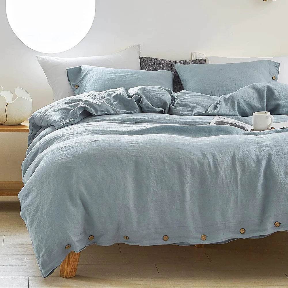 Simple&Opulence 100% Linen 3Pcs Bedding Set Natural Flax Breathable King Size with Coconut Button Comforter Duvet Cover Set - Sleep Galleria