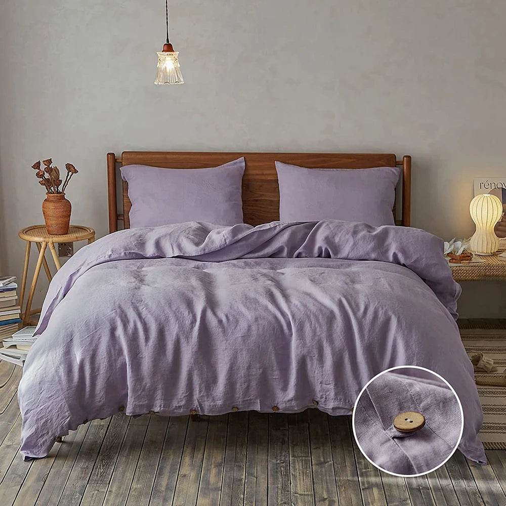 Simple&Opulence 100% Linen 3Pcs Bedding Set Natural Flax Breathable King Size with Coconut Button Comforter Duvet Cover Set - Sleep Galleria