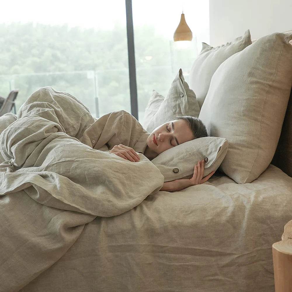 Simple&Opulence 100% Linen 3Pcs Bedding Set Natural Flax Breathable King Size with Coconut Button Comforter Duvet Cover Set - Sleep Galleria