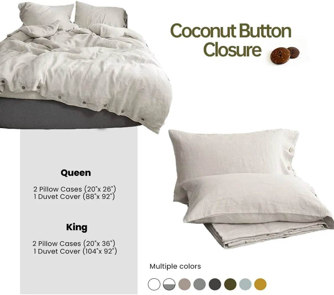 Simple&Opulence 100% Linen 3Pcs Bedding Set Natural Flax Breathable King Size with Coconut Button Comforter Duvet Cover Set - Sleep Galleria