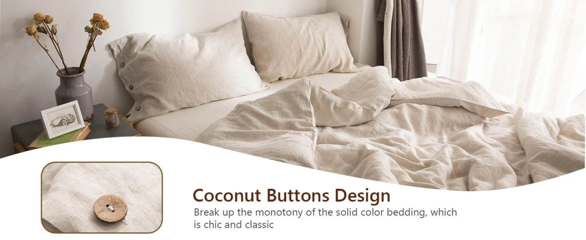 Simple&Opulence 100% Linen 3Pcs Bedding Set Natural Flax Breathable King Size with Coconut Button Comforter Duvet Cover Set - Sleep Galleria