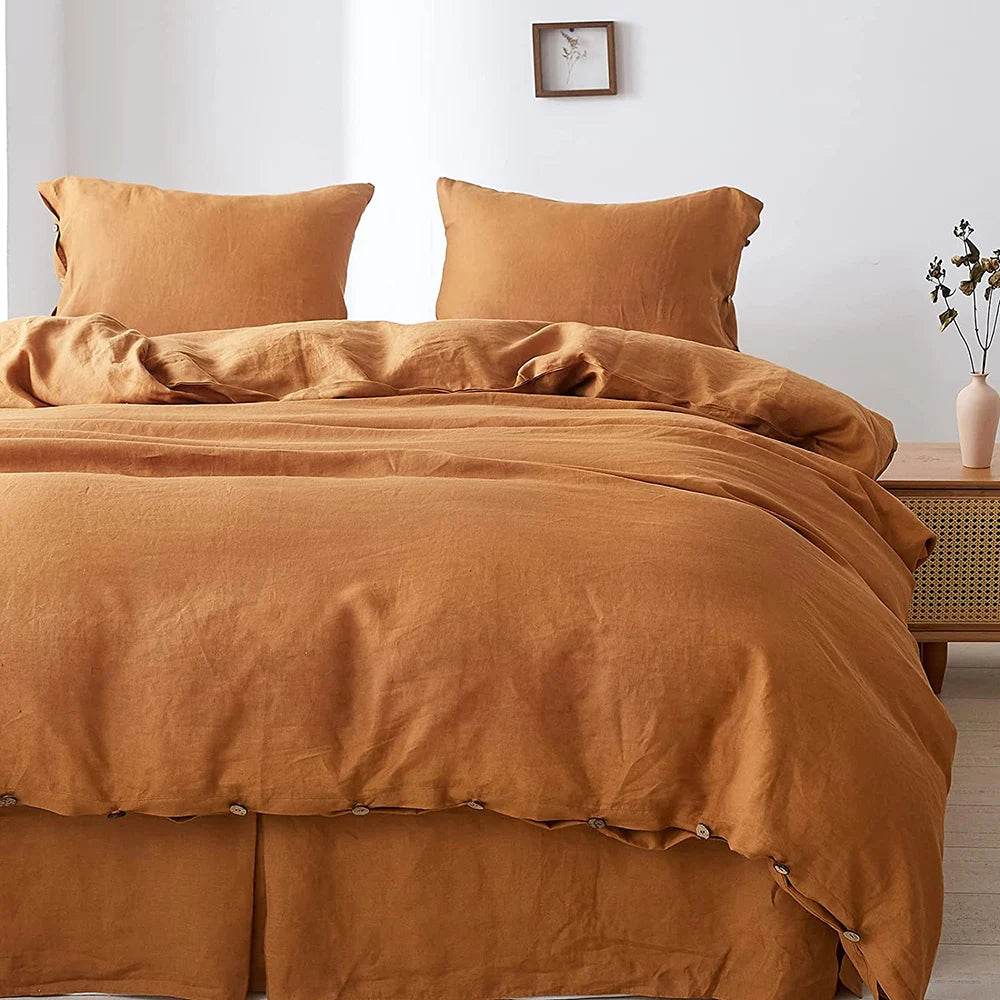 Simple&Opulence 100% Linen 3Pcs Bedding Set Natural Flax Breathable King Size with Coconut Button Comforter Duvet Cover Set - Sleep Galleria