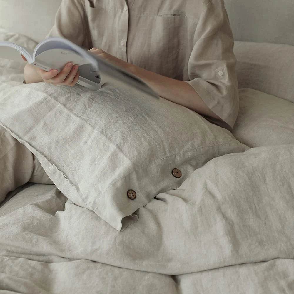 Simple&Opulence 100% Linen 3Pcs Bedding Set Natural Flax Breathable King Size with Coconut Button Comforter Duvet Cover Set - Sleep Galleria