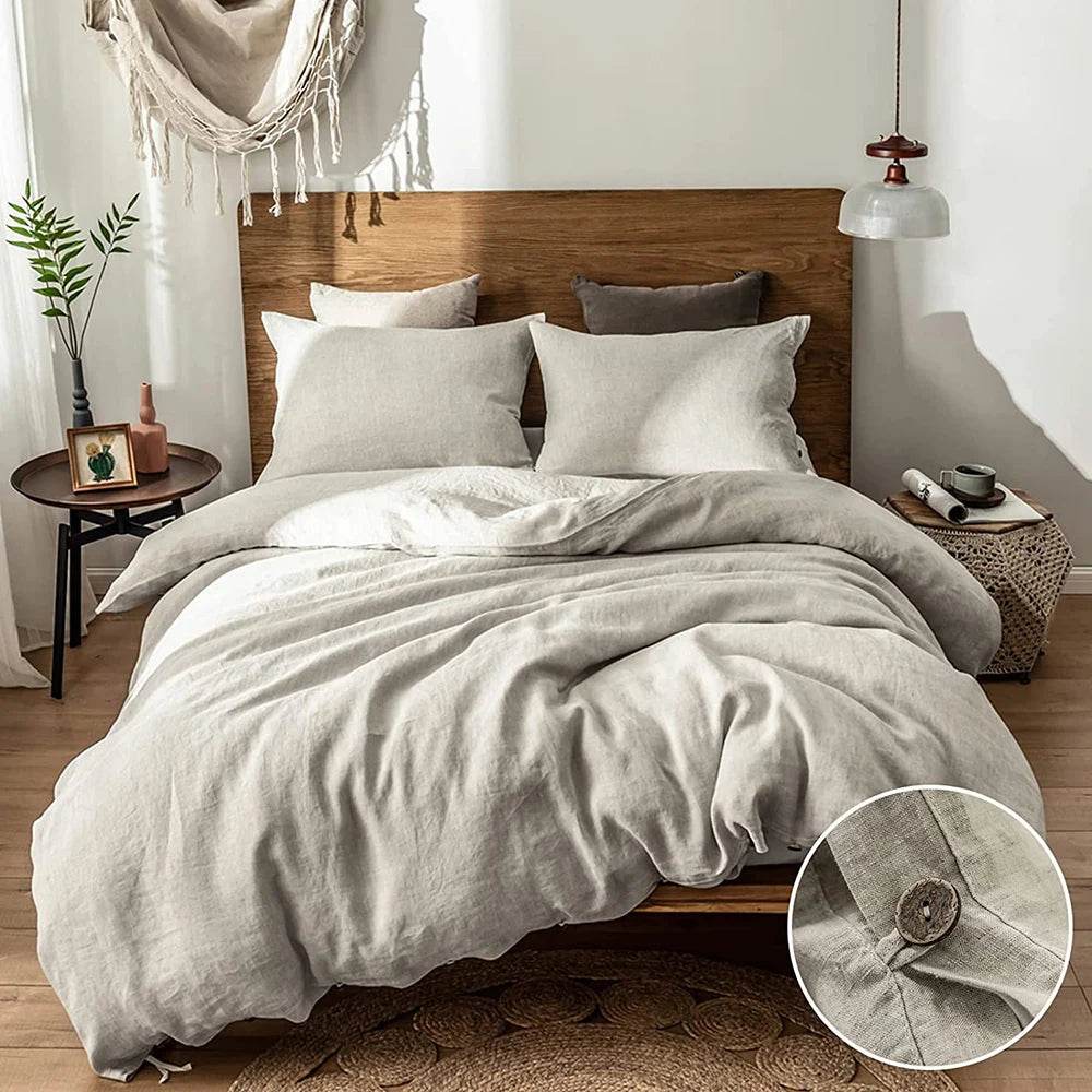 Simple&Opulence 100% Linen 3Pcs Bedding Set Natural Flax Breathable King Size with Coconut Button Comforter Duvet Cover Set - Sleep Galleria