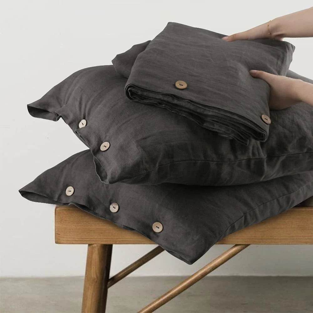 Simple&Opulence 100% Linen 3Pcs Bedding Set Natural Flax Breathable King Size with Coconut Button Comforter Duvet Cover Set - Sleep Galleria