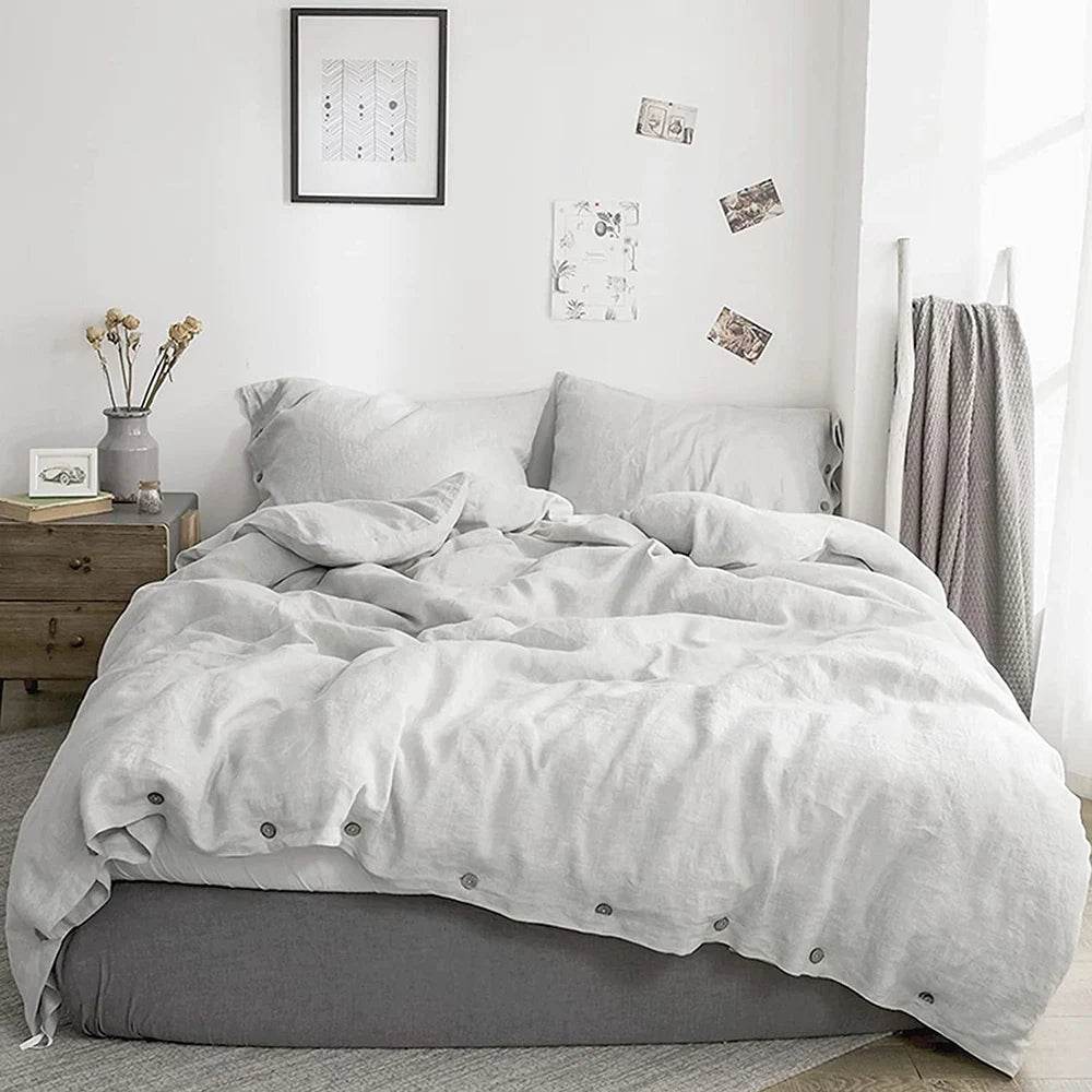 Simple&Opulence 100% Linen 3Pcs Bedding Set Natural Flax Breathable King Size with Coconut Button Comforter Duvet Cover Set - Sleep Galleria