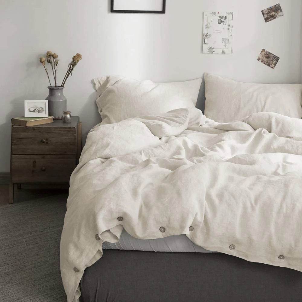 Simple&Opulence 100% Linen 3Pcs Bedding Set Natural Flax Breathable King Size with Coconut Button Comforter Duvet Cover Set - Sleep Galleria