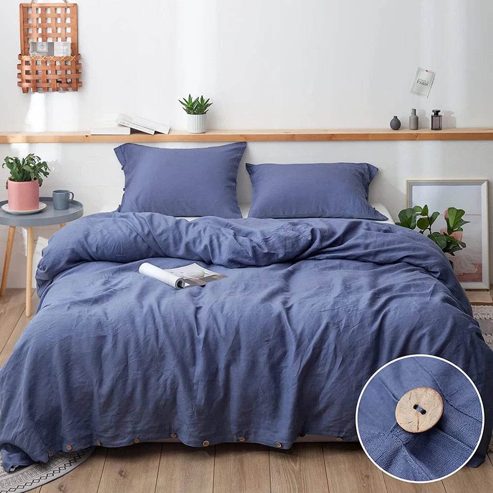 Simple&Opulence 100% Linen 3Pcs Bedding Set Natural Flax Breathable King Size with Coconut Button Comforter Duvet Cover Set - Sleep Galleria