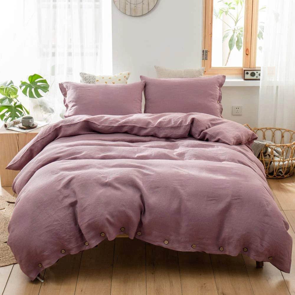 Simple&Opulence 100% Linen 3Pcs Bedding Set Natural Flax Breathable King Size with Coconut Button Comforter Duvet Cover Set - Sleep Galleria