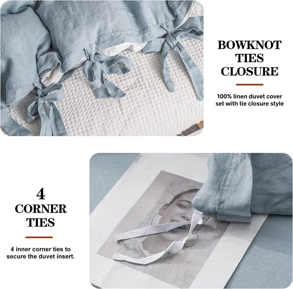 Simple&Opulence 100% Linen Bedding Set 3Pcs Natural Flax Breathable King Size with Tie Closure Pillowcase Duvet Cover Sheet - Sleep Galleria