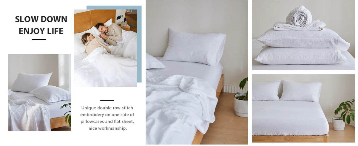 Simple&Opulence 3/4 Pcs 100% Bed Linen Sheet Set Embroidery Washed Natural French Flax Soft Breathable Comforter Sheets Sets - Sleep Galleria