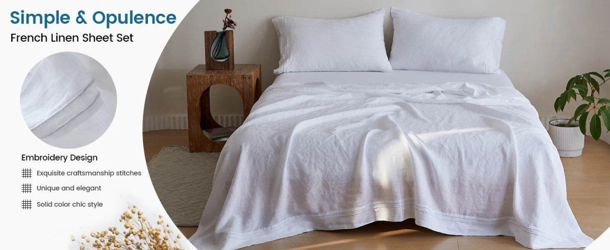 Simple&Opulence 3/4 Pcs 100% Bed Linen Sheet Set Embroidery Washed Natural French Flax Soft Breathable Comforter Sheets Sets - Sleep Galleria