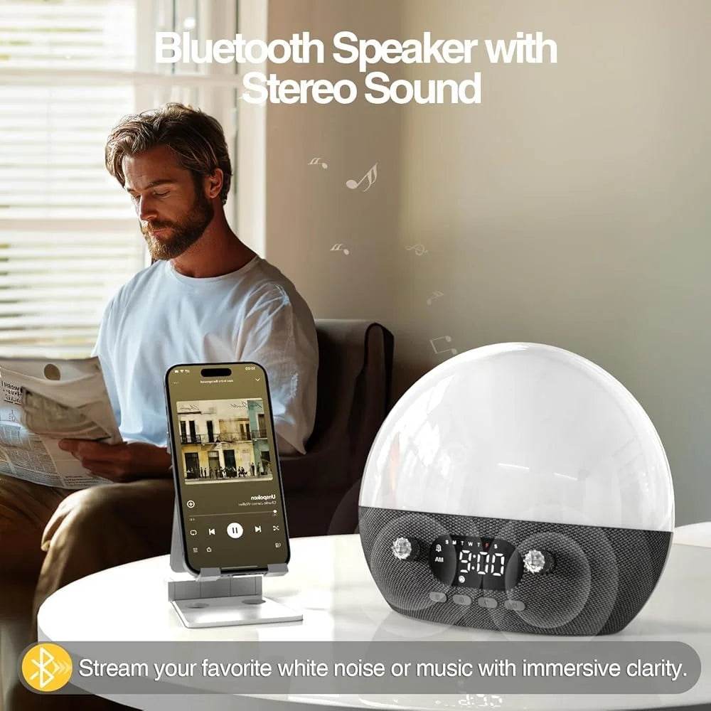 Sunrise Alarm Clock Bluetooth Speaker White Noise Machine Dual Alarms Snooze Function Dimmable Night Light Heavy Sleepers - Omega Lifestyles