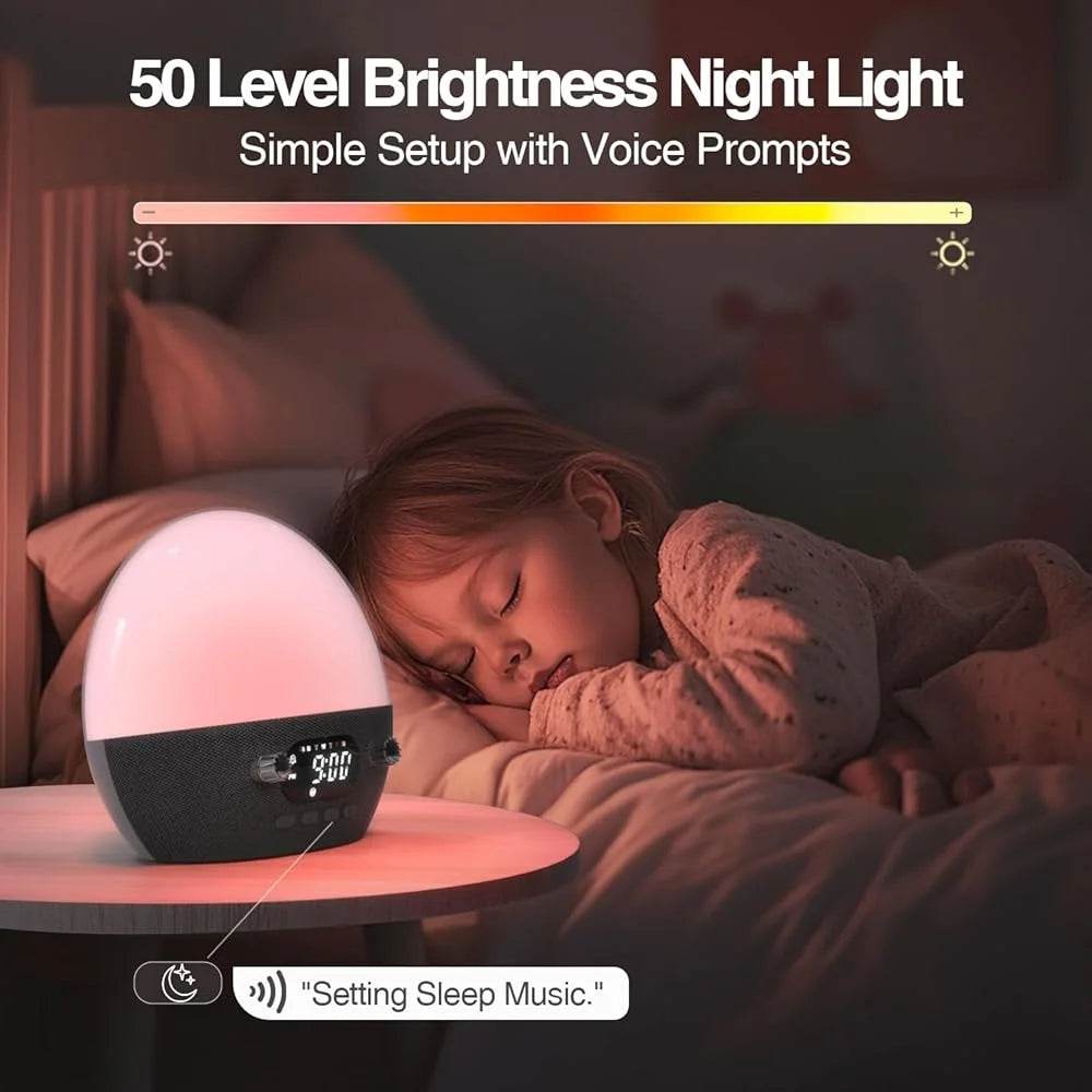 Sunrise Alarm Clock Bluetooth Speaker White Noise Machine Dual Alarms Snooze Function Dimmable Night Light Heavy Sleepers - Omega Lifestyles