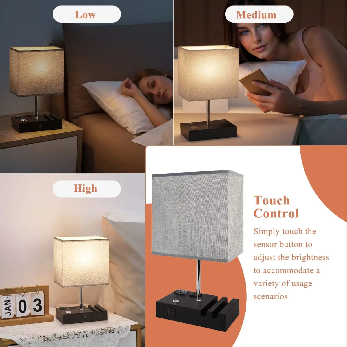 SZRSTH 15.7" Bedside Table Lamp for Bedroom, Dual Fast USB Charging Ports, Fully Dimmable Nightstand Lamps - Sleep Galleria - Sleep Galleria